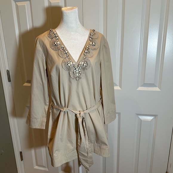 Michael Kors Top Tunic V-Neck - Tan - Beaded Embellishment Medium - Picture 1 of 11